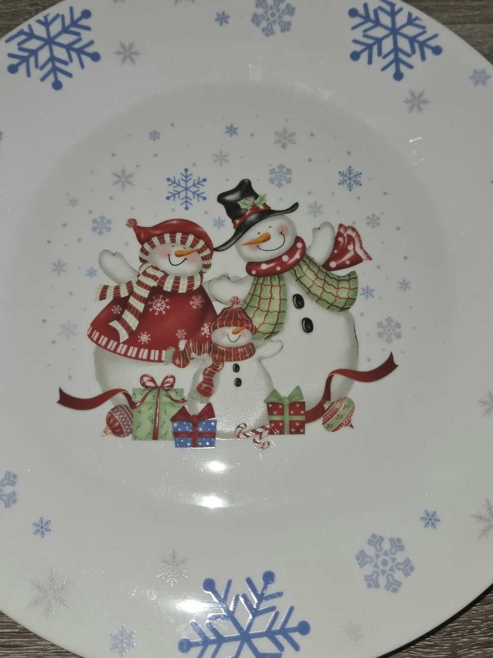 Jolly Snowmen Snowflake Dinner Plate Dolengorp Stoneware White Blue 10